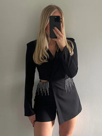 HH TRAF Women Fashion Waist Hollow Out Blazer Jumpsuit Female V-neck Causal Slim Tops Rhinestone Tassel Long Sleeve Playsuits