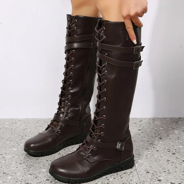 Winter Boots for Women 2023 Combat Cowboy Knee High Long Leather Platform Shoes Black Gothic New Rock Punk Solid Women's Boots