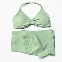 Seamless 2 Pieces Strappy Yoga Halter Bras Sets Scrunch Butt Sports Shorts Quick Dry Backless Gym Crop Tops with Pad Push Up Set