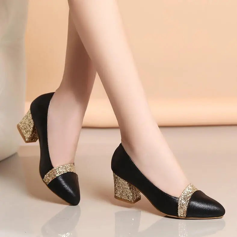 2021 Women Pumps Sweet Style Square High Heel Sequins Pointed Toe Spring and Autumn Elegant Shallow Ladies Shoes