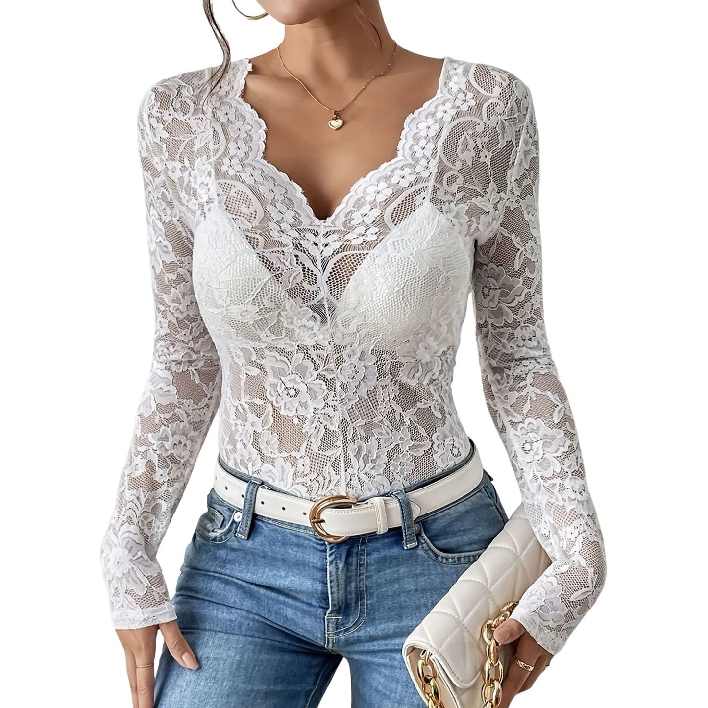 Women'S Floral Eyelet Lace Shirt Sexy V Neck Long Sleeve Opaque Shirts See-Through Lace Sexy Women Clothing Blusas Para Mujer