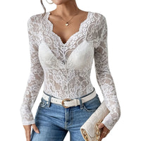 Women'S Floral Eyelet Lace Shirt Sexy V Neck Long Sleeve Opaque Shirts See-Through Lace Sexy Women Clothing Blusas Para Mujer