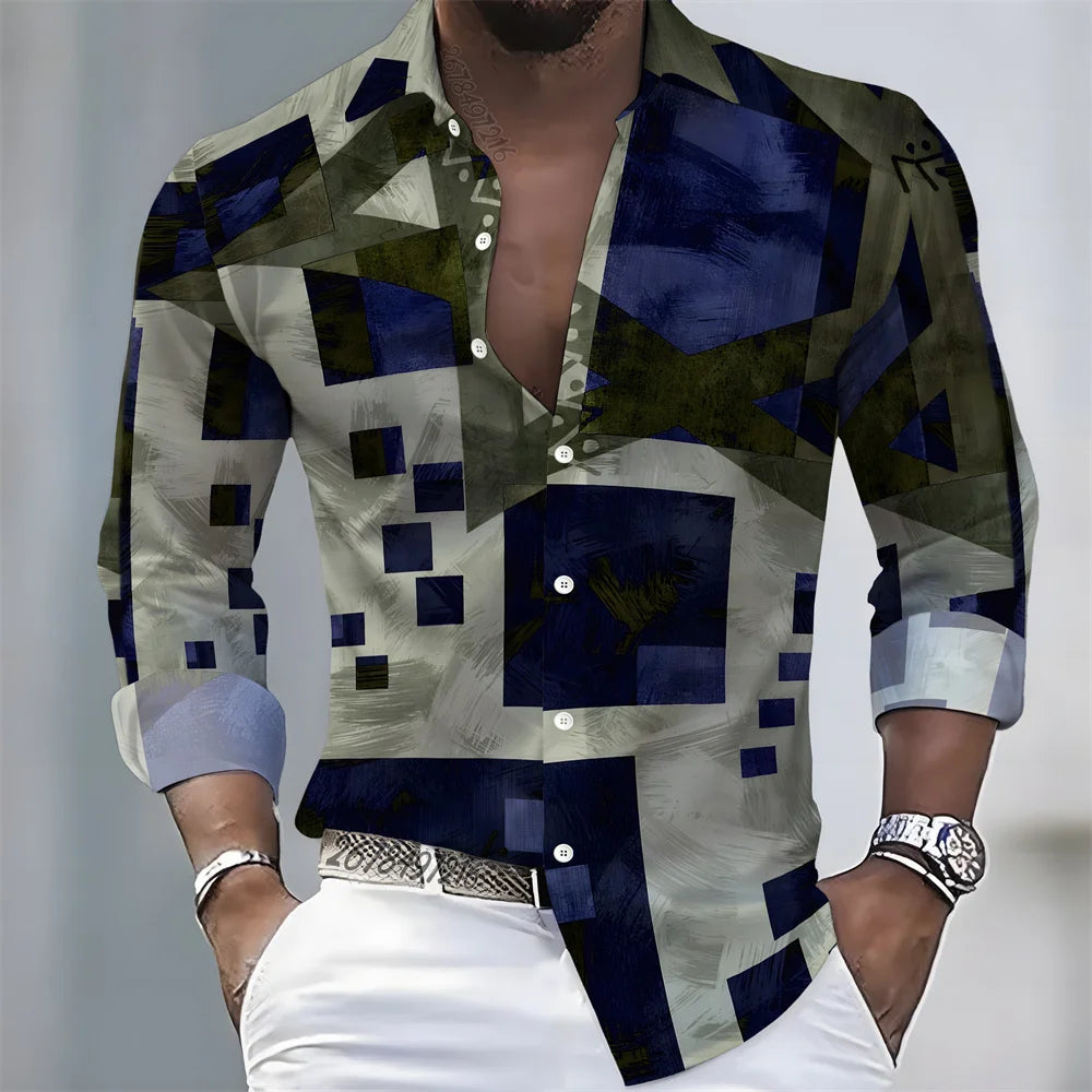 Summer lightweight men's printed long-sleeved shirt, retro floral plaid color-blocked casual shirt, Hawaiian vacation style top.
