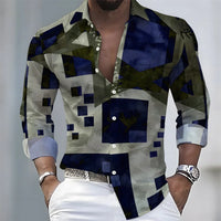 Summer lightweight men's printed long-sleeved shirt, retro floral plaid color-blocked casual shirt, Hawaiian vacation style top.