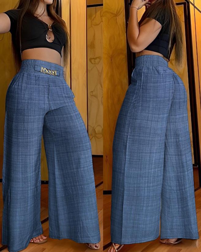 Casual Women High Waist Pants Chain Decor Europe & America Fashion Plain Pocket Design Daily Vacation Women's Wide Leg Trousers