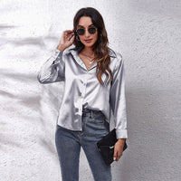 Women Satin Shirt 2023 Summer Silk Office Work Button Lapel Long Sleeve White Shirt Formal Dress Retro Casual Loose Solid Color