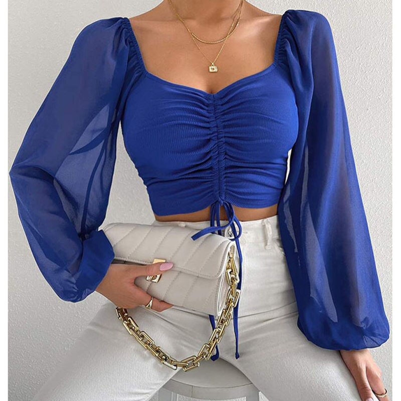 Chiffon Drawstring Crop Top Women Spring Summer Lantern Sleeve V-Neck Fashion Blouses Hight Street Skinny Sexy Shirt Y2K Clothes