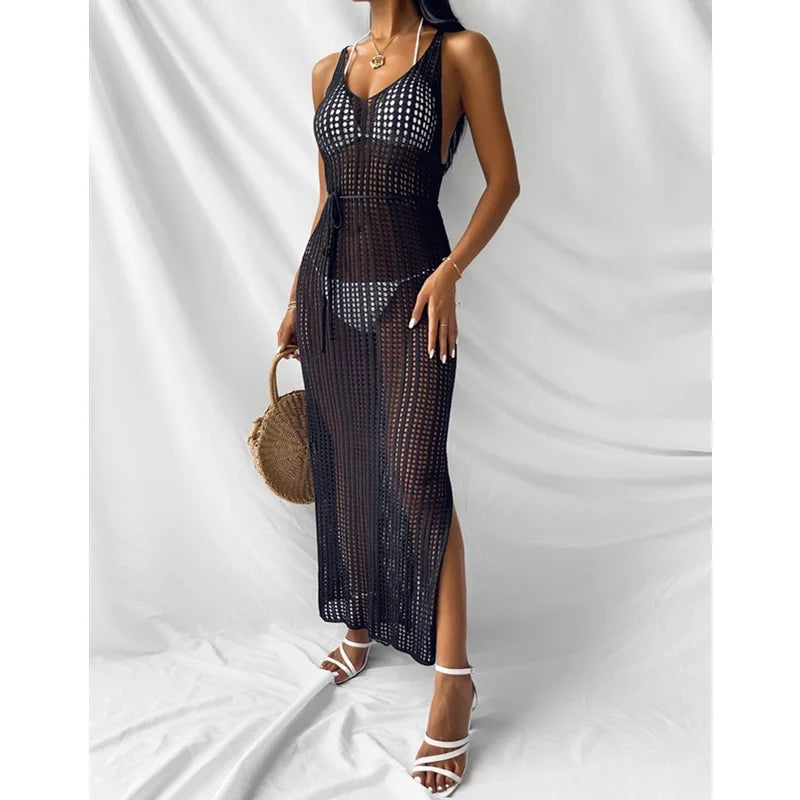 Women Knitted Dress 2022 Summer Causal Solid Midi Skirts Fashion Backless Sexy Hollow Out Slip Ladies holiday Sundress Beachwear