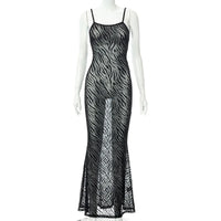 Zoctuo Zebra Printing Maxi Dresses For Women Summer Fashion Cowl Neck Sexy Club Sheer Mesh Straps Bodycon Beach Black Long Dress