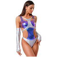 Women Metallic Shiny Bodysuit with Fingerless Long Gloves Contrast Cut Out Leotard for Halloween Cosplay Astronaut Alien Costume