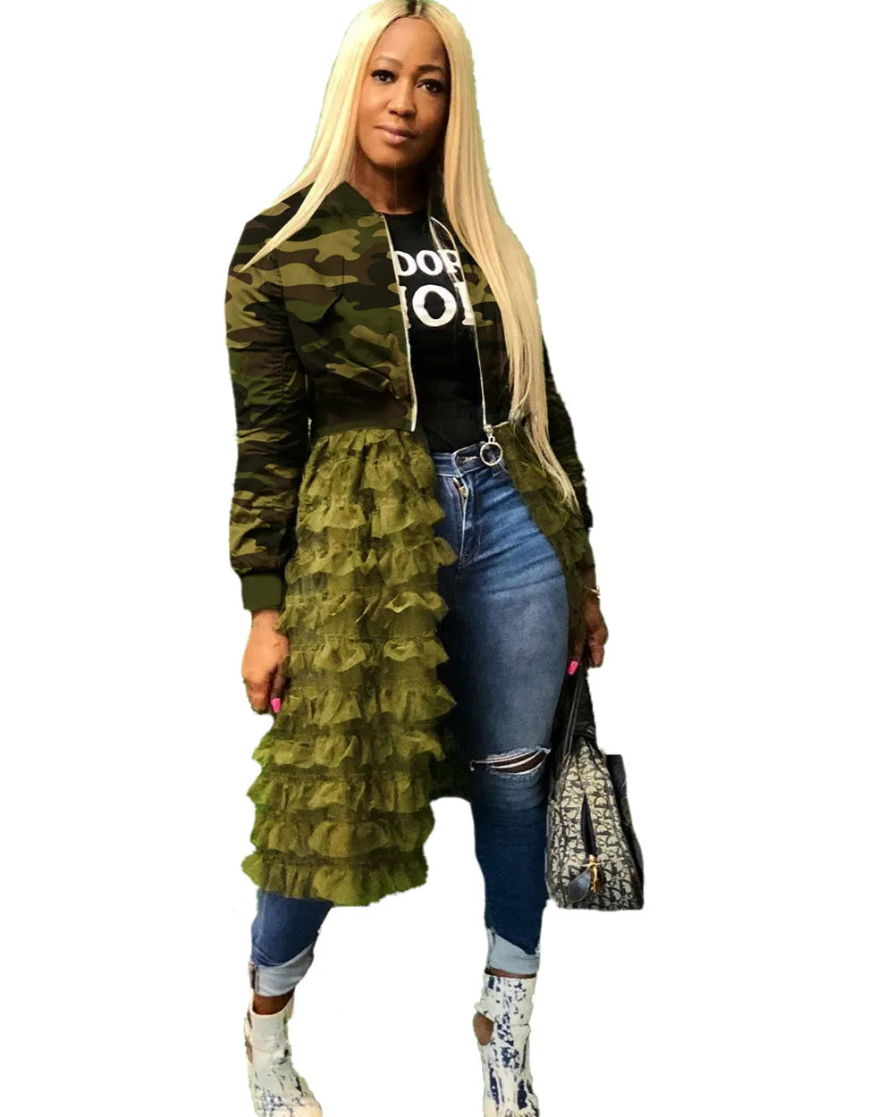 Camouflage Bomber Jacket Women Autumn Winter Streetwear Harajuku Jackets Layered Ruffle Long Coat Outwear Chaquetas