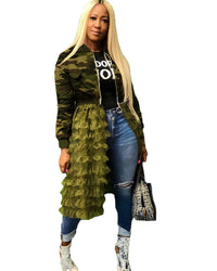Camouflage Bomber Jacket Women Autumn Winter Streetwear Harajuku Jackets Layered Ruffle Long Coat Outwear Chaquetas
