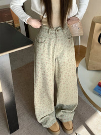 Trendy Vintage Flower Jeans Women High Waist Wide Leg Straight Pants Denim Trousers Green Floral Baggy Pants with Pocket Fashion