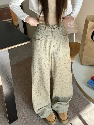 Trendy Vintage Flower Jeans Women High Waist Wide Leg Straight Pants Denim Trousers Green Floral Baggy Pants with Pocket Fashion