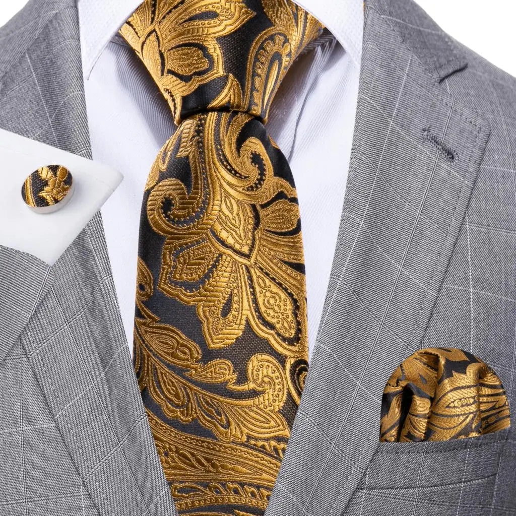 Barry.Wang Gold Silk Mens Tie Hanky Cufflinks Set Yellow Beige Orange Luxury Jacquard Necktie For Male Wedding Business Party