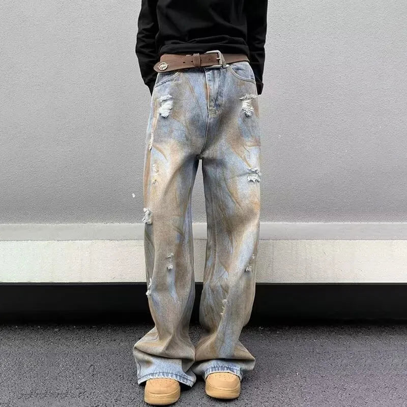 Japanese Straight Leg Jeans For Men Loose Wide Leg Pants Fashion Casual Ripped Jeans Vintage Y2k Jeans