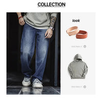 Maden Retro Blue Logging Mens Jeans with Washed Denim Loose Fit Cotton And Non-Elastic Waist Daily Wear Casual Pants