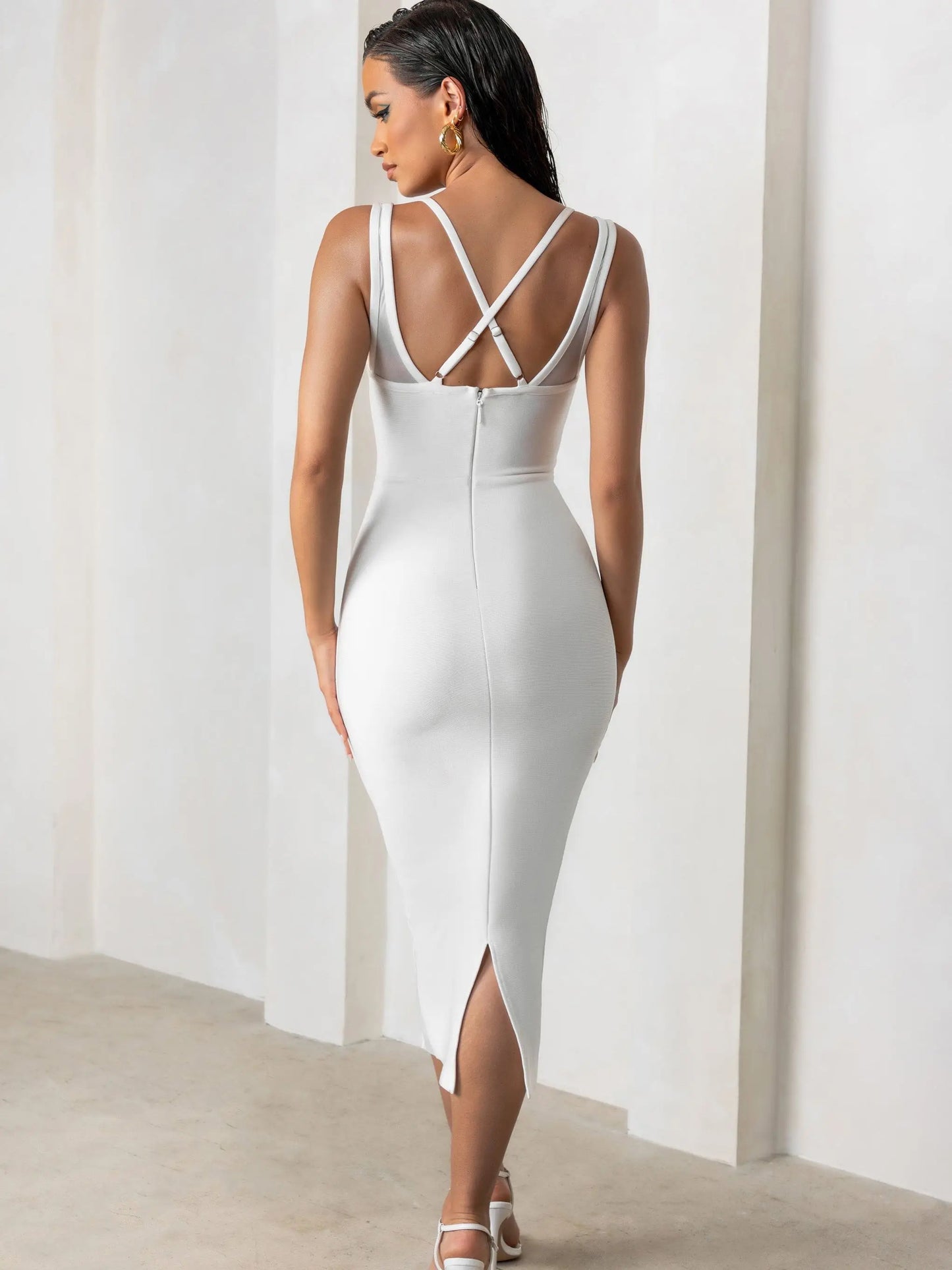 BEAUKEY 2023 For Women White Midi Bandage Dress Double Straps Criss Cross Dress Bodycon Runway Split Bustier Elegant Vestidos