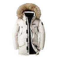 New Men's Thickened White Duck Down Coat Mid-length Winter Outerwear with Detachable Fur Collar for Fashionable Look