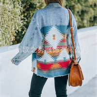 Autumn and Winter New Polo Neck Pocket Denim Panel Wool Coat Women's Vintage Jacket