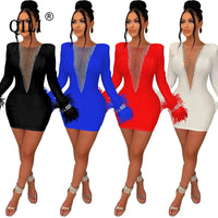 Sexy Mini Full Sleeve Dress V Design Diamonds and Feathers See Through Back Dresses Womens Pary Club Dress Sheath