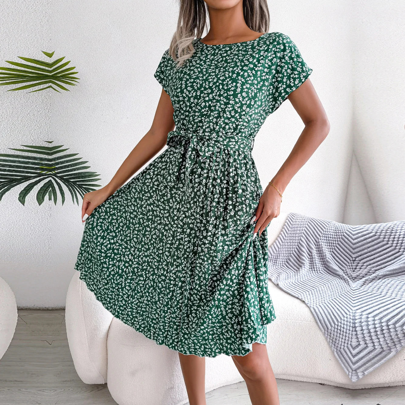 Ficusrong Fashion Floral Pleated A Line Long Dress Women Spring Summer Short Sleeve High Waist Chic Dress