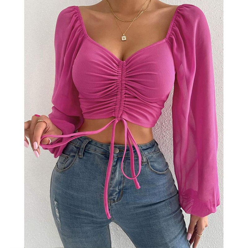 Chiffon Drawstring Crop Top Women Spring Summer Lantern Sleeve V-Neck Fashion Blouses Hight Street Skinny Sexy Shirt Y2K Clothes