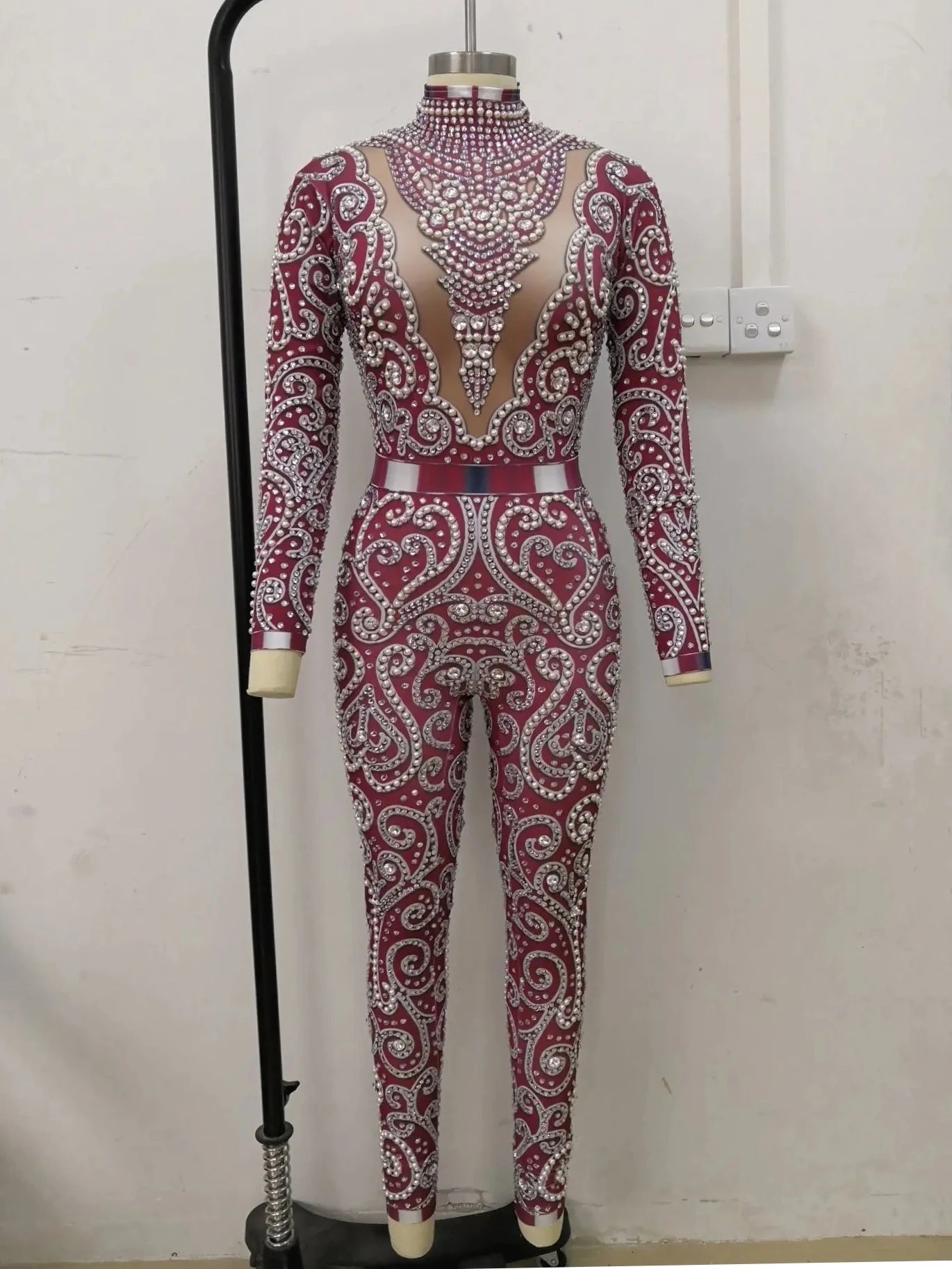 Elegant Pearls Long Sleeves Jumpsuit Sexy Elatic Women Singer Outfit Birthday Celebrate Evening Party Wear