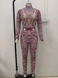 Elegant Pearls Long Sleeves Jumpsuit Sexy Elatic Women Singer Outfit Birthday Celebrate Evening Party Wear