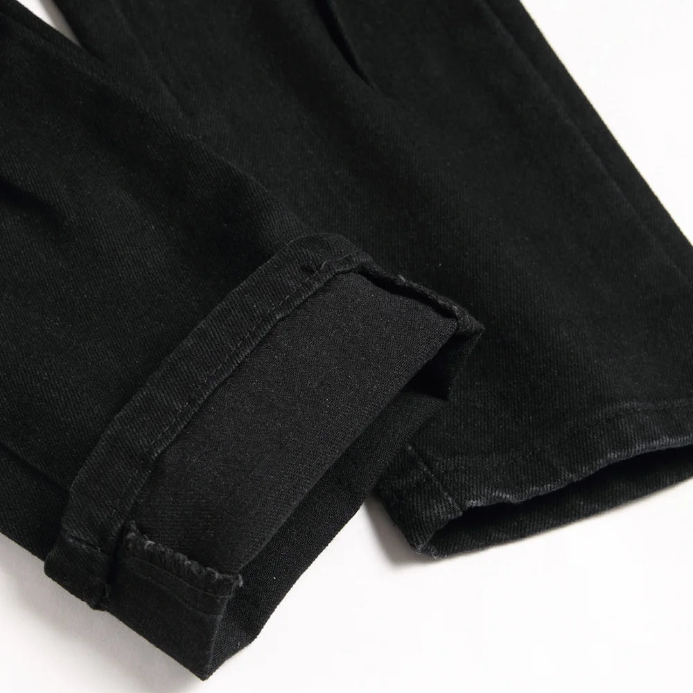 Men Snake Embroidery Jeans Streetwear Black Stretch Denim Pants Holes Ripped Distressed Slim Straight Trousers