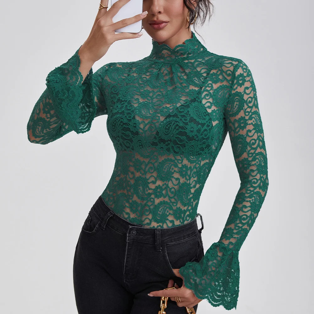 Anfilia Women Lace Shirts Turtle Neck Elegant Flare Long Sleeves Hollow Out Slim-fit Crochet Sexy Blouse