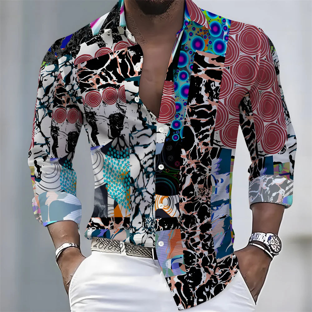 Men's Retro Color-Blocked Floral Print Long-Sleeve Shirt with Paisley Pattern Design, Casual Top for Spring and Autumn