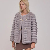 Winter Contrast Color Brown Horizontal Strip Faux Mink Fur Coat Women O neck Front Buckle Buttons Loose Thick Short Outerwear