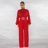 Chic Elegant Jumpsuits for Women High Neck Long Sleeve Hollow Out Top High Waist Straight Long Pant Party Club Wear with Belt