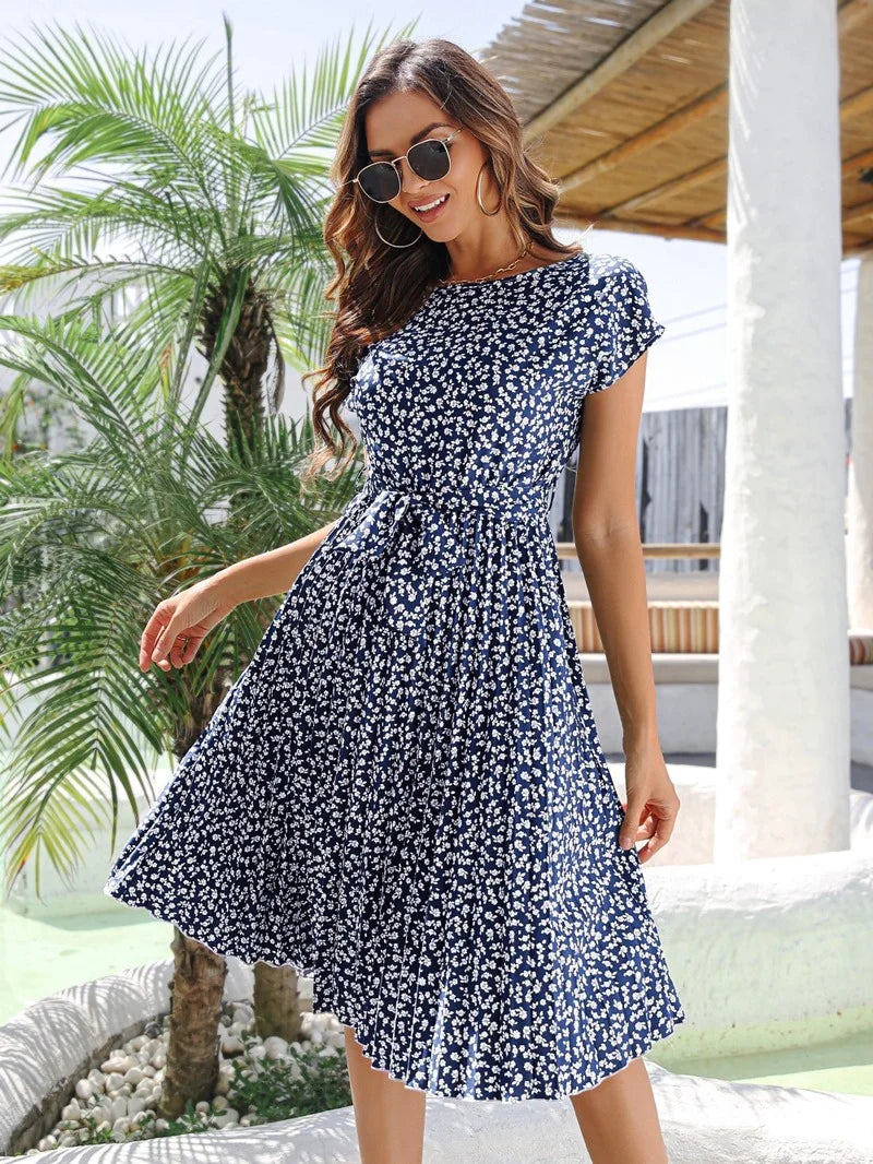 Elegant Floral Print Pleated Dresses Women Summer Dress YEMOGGY 2022 New Slim Casual High Waist Lace Up Midi Short Sleeve Dress