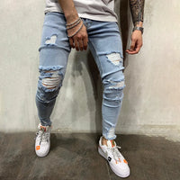 Punk Street Ripped Skinny Jeans Men Vintage Wash Solid Denim Trouser Mens Casual Slim Fit Pencil Denim Holes out Pants 2024