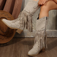 2024 Winter Women Fringes Thick Heel High Boots Suede Pointed Toe Outdoor Fashion Platform Shoes Willow Nails Pumps Women Shoes
