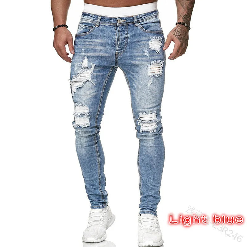 2023 Fashion Street Style Ripped Skinny Jeans Men Vintage wash Solid Denim Trouser Mens Casual Slim fit Black Blue denim Pants
