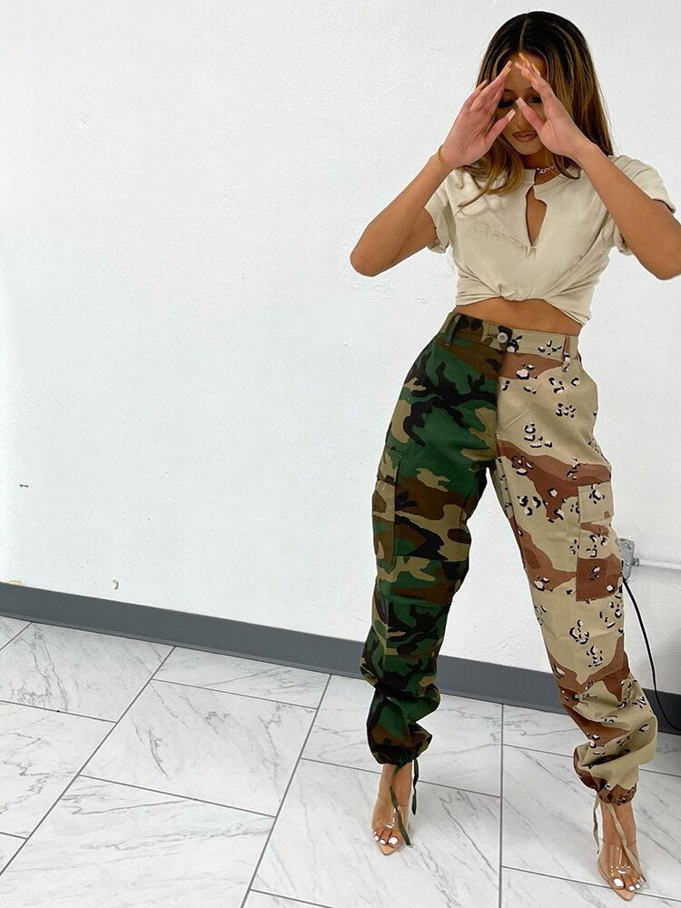 Women High Waist Camo Patchwork Harem Pants 2023 Summer Slim Casual Street Cargo Trousers Vintage Safari Y2K Clothes Streetwear