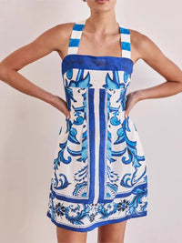 Women Summer Sexy Printed A-line Mini Dress Fashion Casual Blackless Sleeveless High Waist Off Shoulder Vestidos Party Dresses