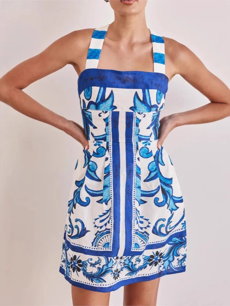Women Summer Sexy Printed A-line Mini Dress Fashion Casual Blackless Sleeveless High Waist Off Shoulder Vestidos Party Dresses