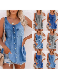 Summer new fashion loose round neck T-shirt imitation cowboy vest women casual sleeveless blouse street wear