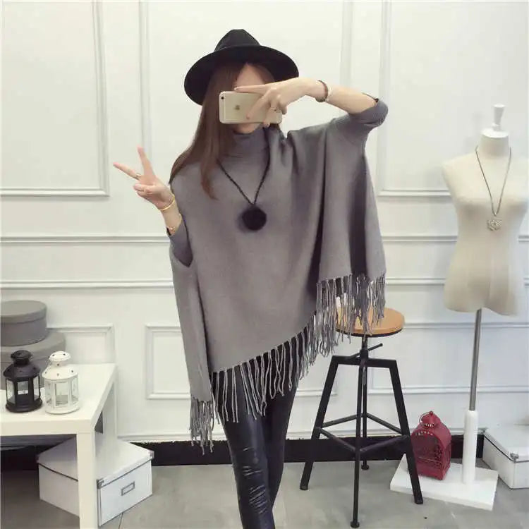 2022 Winter Women Turtleneck Pullover Korean Fashion Plus Size Loose wool Batwing Sweater Ladies Knitted Ponchos and Capes Coat