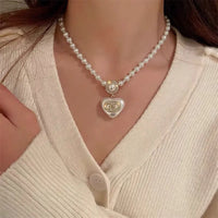 Female Small Fragrance Rhinestones Luxury Pearl Love Necklace Earrings Sweater Chain Clavicle Chain Choker Women Ear Studs