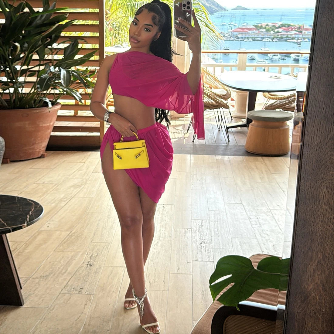 Y2K Sexy 2 Piece Set Women See Through Midnight Irregular Full Sleeve Crop Tops+Ruched Split Skirts Matching Clubwear