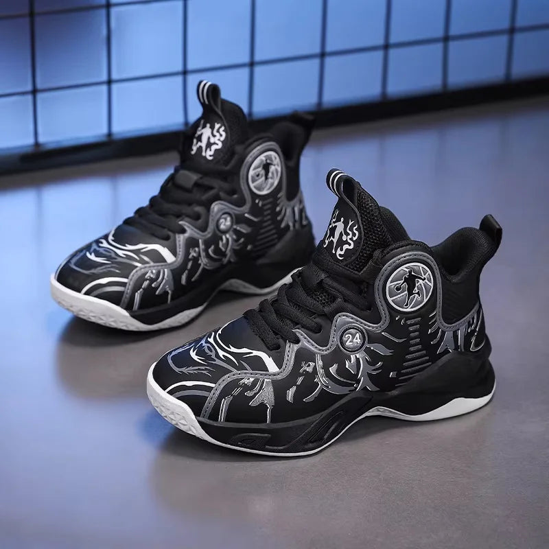 A pair of children's four-season high-top leather basketball shoes, wear-resistant and soft sneakers, sizes 31-37，YY-Y2876