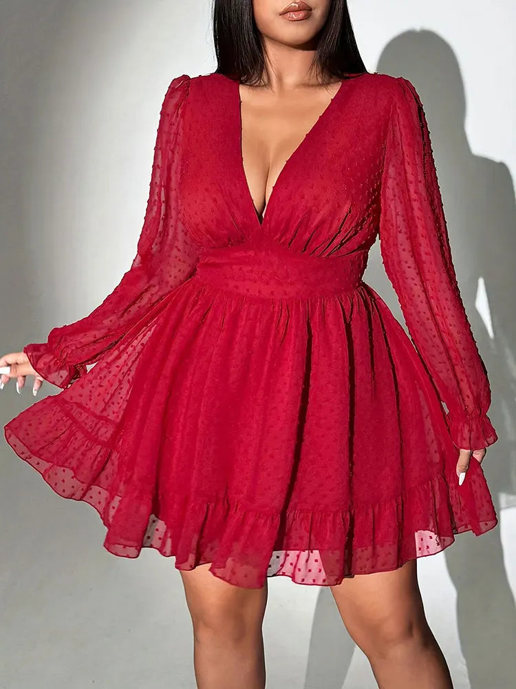 New Sexy V-Neck Short Dress Plus Size Solid Polka Dot Long-Sleeve American Slim A-Line Skirt Elegant Party Women's Evening Dress