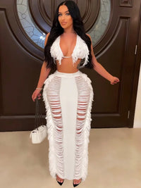 JRRY Sexy Women Knitted Set Halter Backless Crop Top Tassel Skirt Crochet Two Pieces Set Hollow Out Crocheted Beach Dress Set