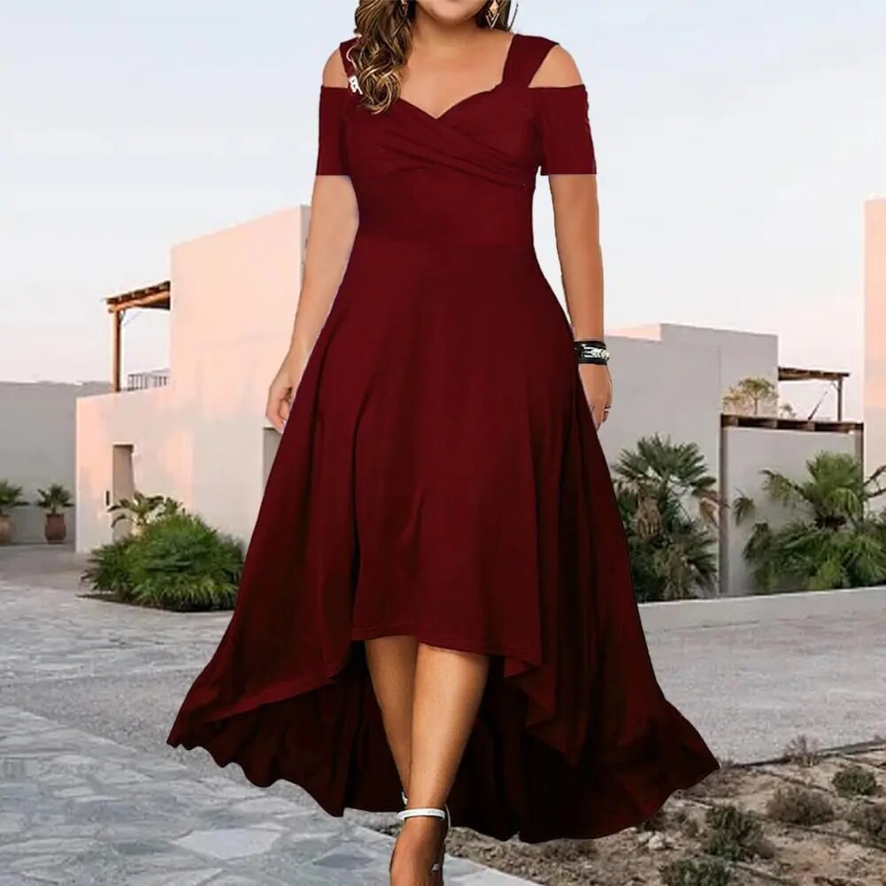 Elegant Plus Size Off-shoulder Summer Dress Flared V-neck Slim Fit Large Hem for Casual Parties Women's Party Wear 3 Years