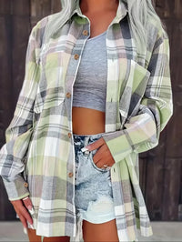 Women Plus Size Fashion Plaid Printed Shirt Casual Loose Long Sleeved Shirt  Lapel Design Shirt Tops